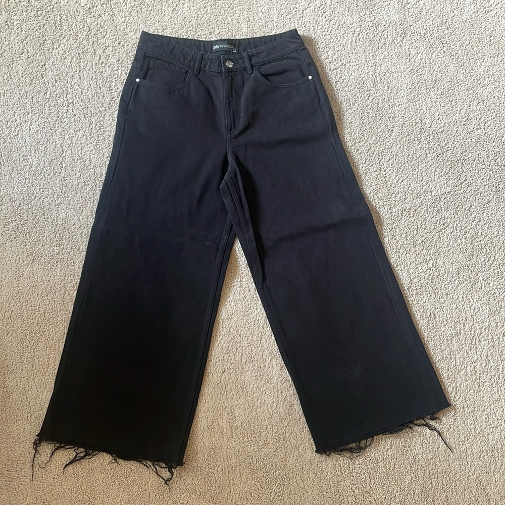 Zara Wide Leg Fringe Black Jeans